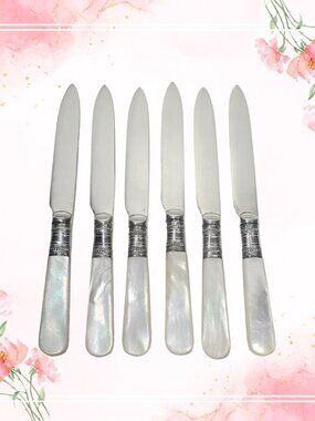 6 Antique Mother of Pearl Handle Dessert / Butter Knives – 6"